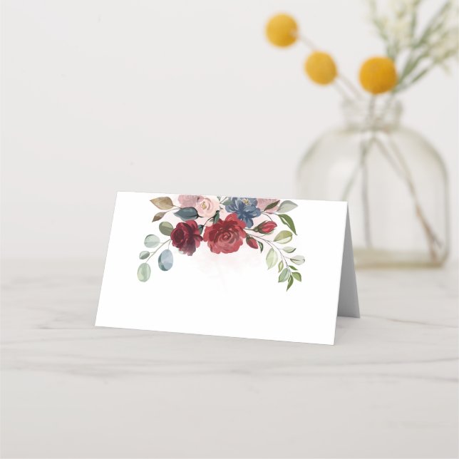 Elegant Floral Burgundy Watercolor Foliage Wedding Place Card (Front)
