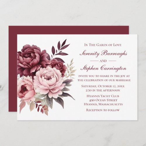 Elegant Floral Burgundy Watercolor Peony Wedding Invitation