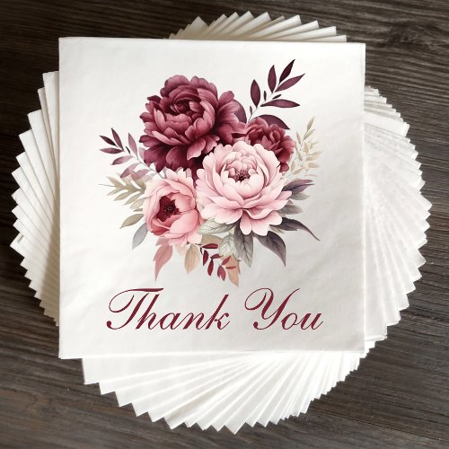 Elegant Floral Burgundy Watercolor Peony Wedding Napkins