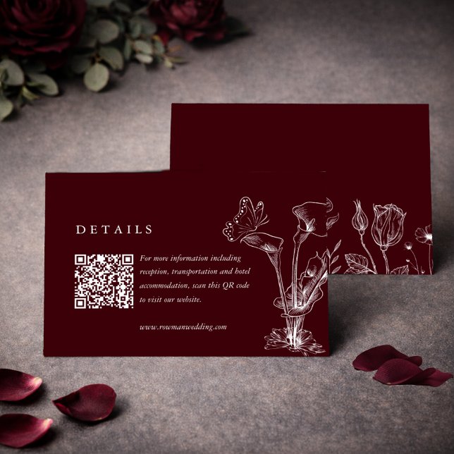 Elegant Floral Burgundy Wedding Details QR Code  Enclosure Card (Creator Uploaded)