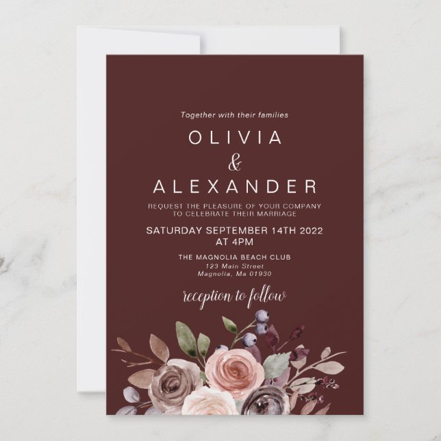 Elegant Floral burgundy wedding invitation (Front)