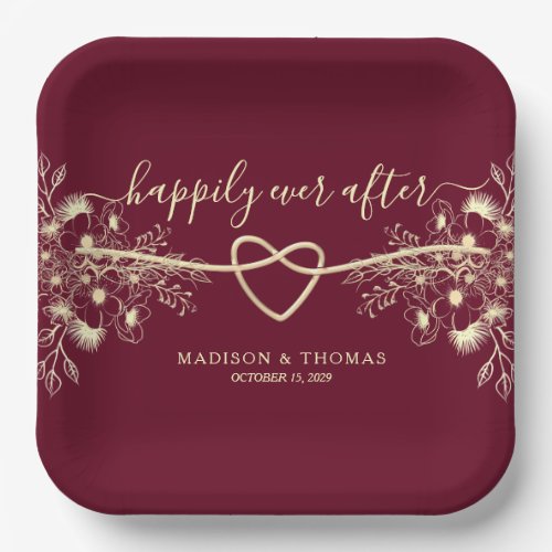 Elegant Floral Burgundy Wedding Paper Plates