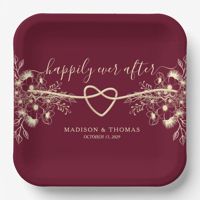 Elegant Floral Burgundy Wedding Paper Plates (Front)
