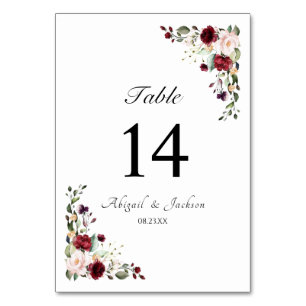 Elegant Floral Burgundy Wedding Reception Seating Table Number