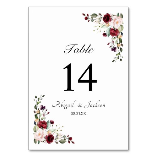 Elegant Floral Burgundy Wedding Reception Seating Table Number