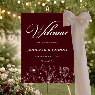 Elegant Floral Burgundy Wedding Welcome Sign