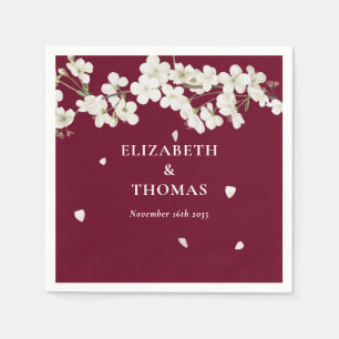 Elegant Floral Burgundy Wedding White Blossom Napkins