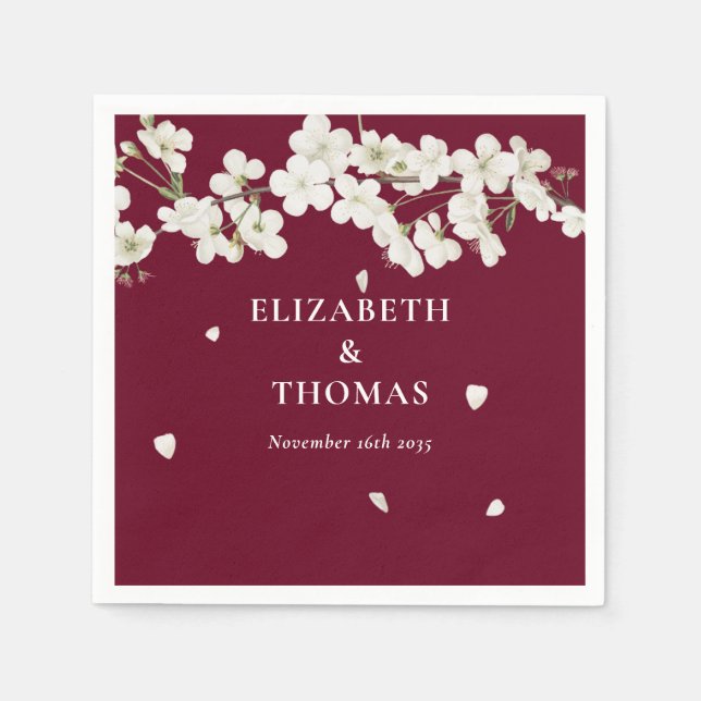 Elegant Floral Burgundy Wedding White Blossom Napkins (Front)