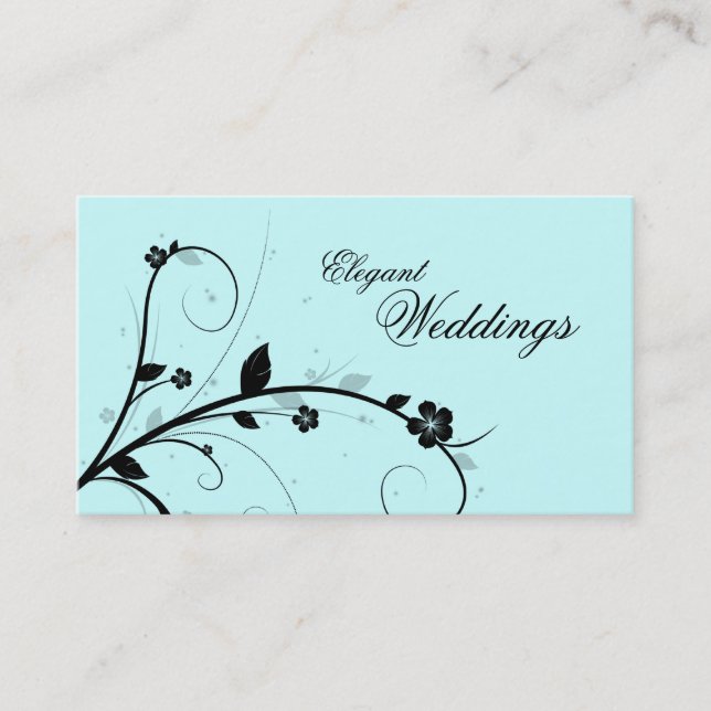 Elegant Floral Business Card Black & White Blue 3 (Front)