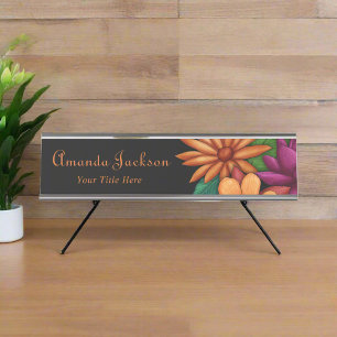 Elegant Floral Business Name Office Script Desk Name Plate