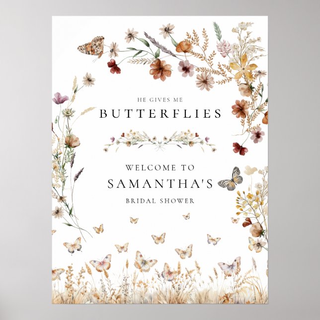 Elegant Floral Butterflies Bridal Shower Sign (Front)