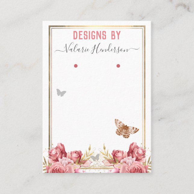 Elegant Floral Butterflies Earring Display Business Card (Front)