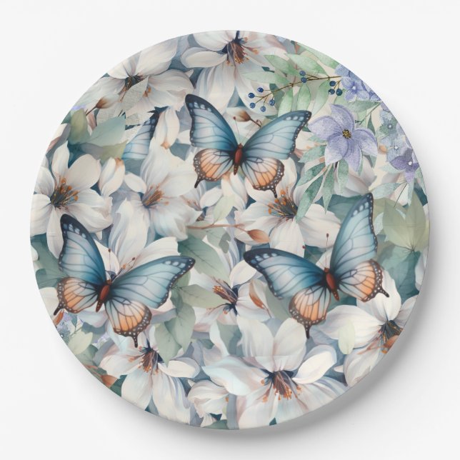 Elegant Floral & Butterflies Paper Plates (Front)