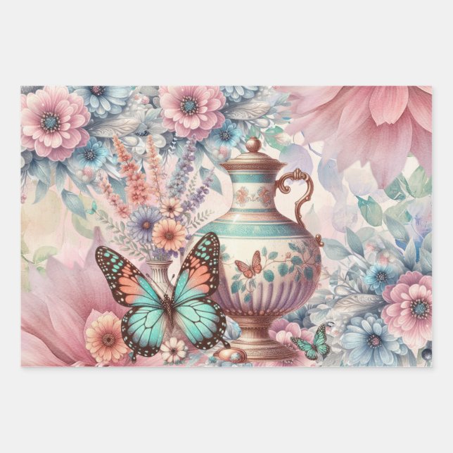 Elegant Floral & Butterflies Wrapping Paper Sheets (Front 3)