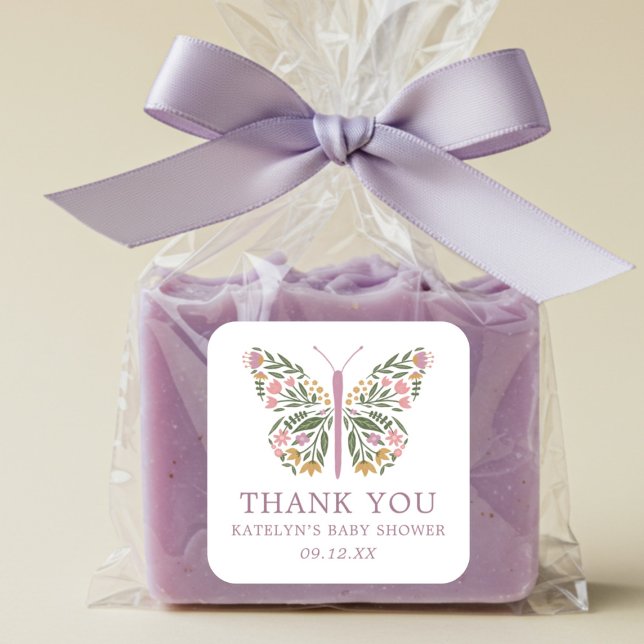 Elegant Floral Butterfly Baby Shower Favor Square Sticker (Creator Uploaded)