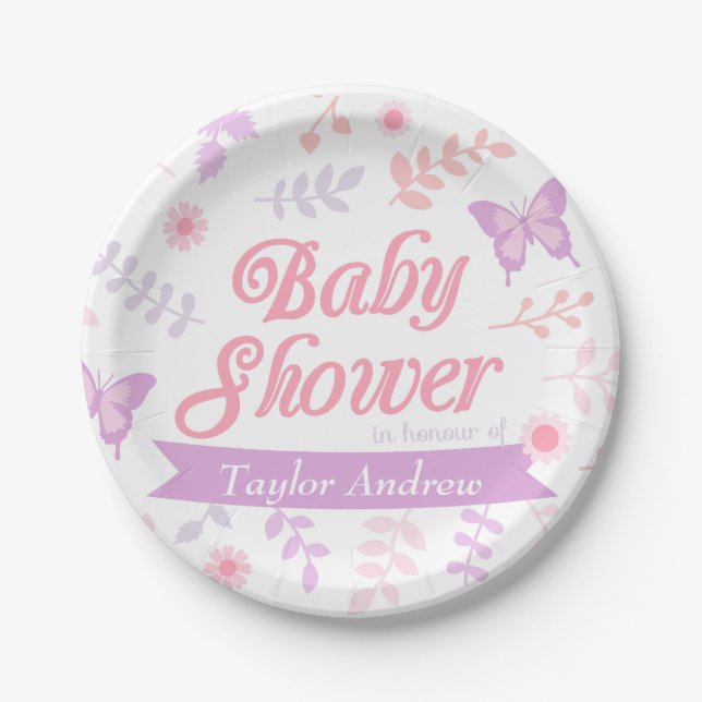 Elegant Floral Butterfly Baby Shower Party Supply Paper Plates (Front)