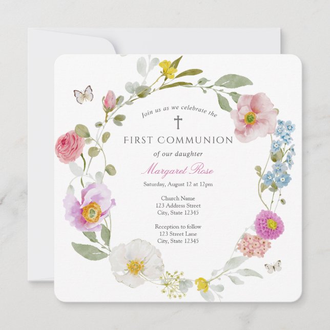 Elegant Floral Butterfly Communion Invitation (Front)