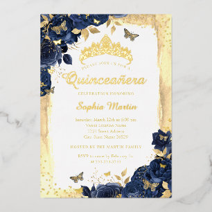 Elegant Floral Butterfly Gold Navy Quinceanera  Foil Invitation