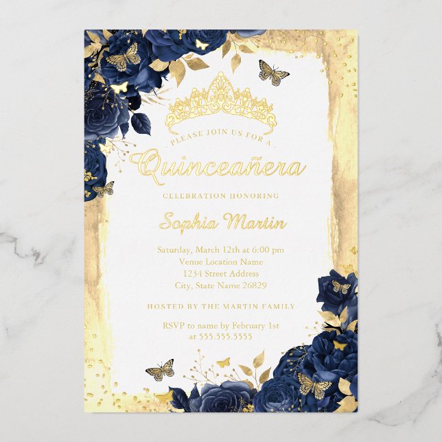 Elegant Floral Butterfly Gold Navy Quinceanera  Foil Invitation (Front)