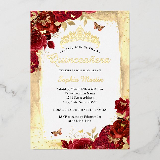 Elegant Floral Butterfly Gold Red Quinceanera Foil Invitation (Front)