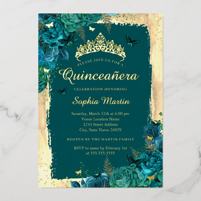 Elegant Floral Butterfly Gold Teal Quinceanera  Foil Invitation (Front)