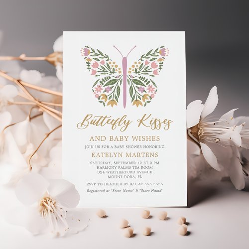 Elegant Floral Butterfly Kisses Baby Shower Invitation