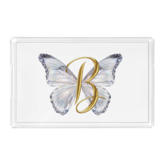 Elegant Floral Butterfly Letter B - Artistic Monog Acrylic Tray