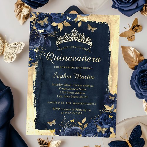 Elegant Floral Butterfly Navy Gold Quinceanera  Foil Invitation