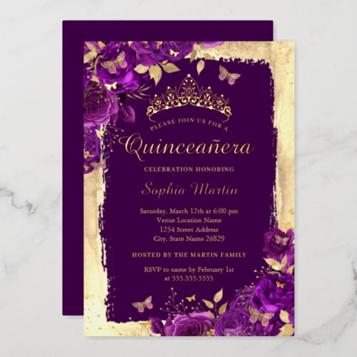 Elegant Floral Butterfly Purple Gold Quinceanera  Foil Invitation