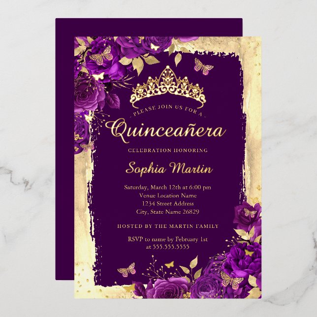 Elegant Floral Butterfly Purple Gold Quinceanera  Foil Invitation (Front/Back)