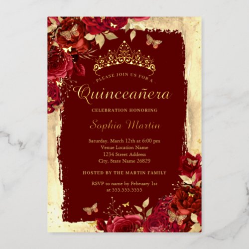 Elegant Floral Butterfly Red Gold Quinceanera  Foil Invitation