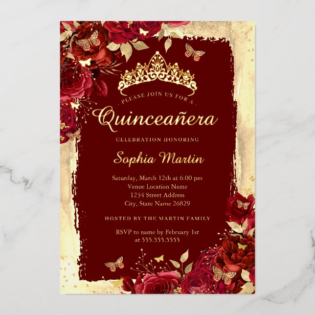 Elegant Floral Butterfly Red Gold Quinceanera  Foil Invitation (Front)