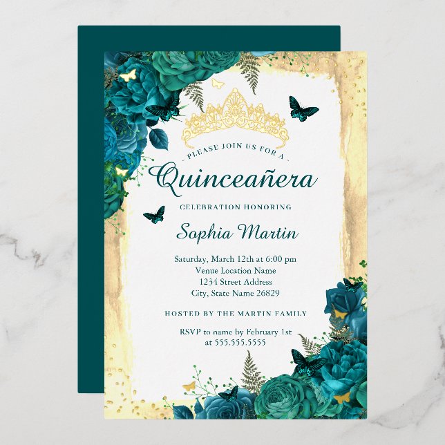 Elegant Floral Butterfly Teal Gold Quinceanera  Foil Invitation (Front/Back)