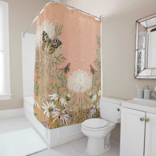 Elegant Floral Butterfly Vintage Daisy Peach White Shower Curtain