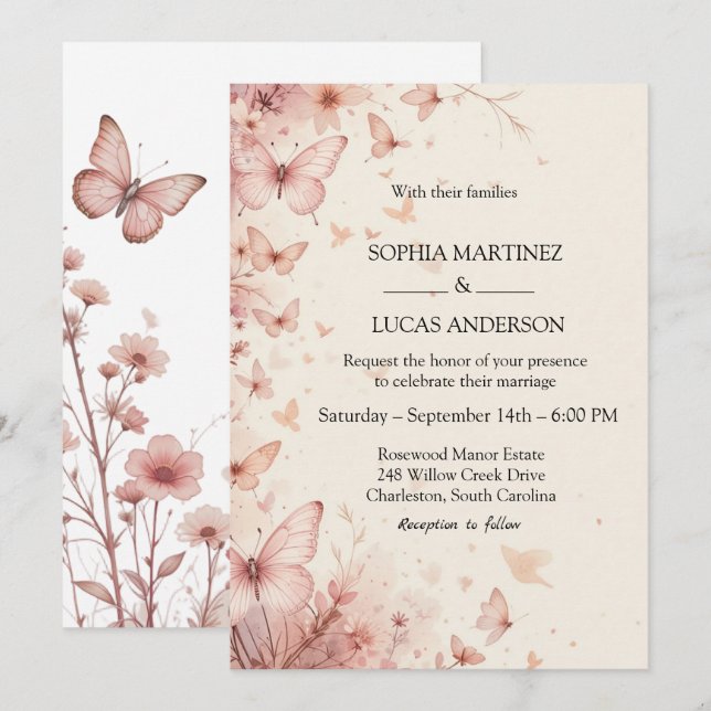 Elegant Floral Butterfly Wedding Invitation (Front/Back)