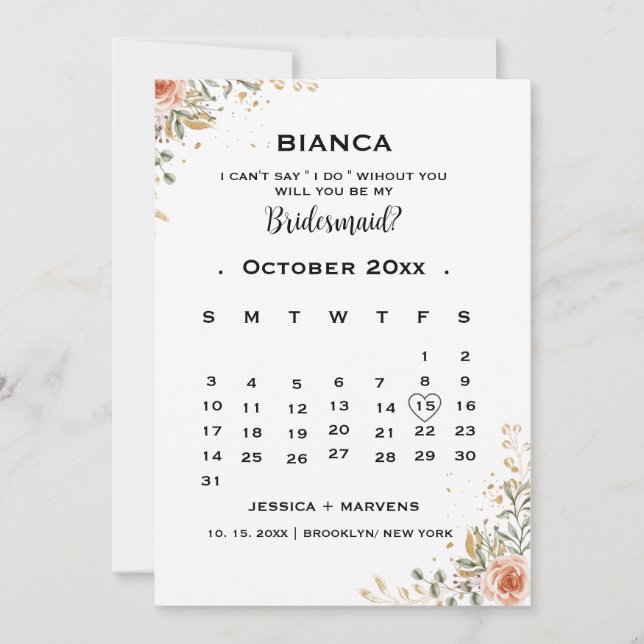 Elegant floral calendar bridesmaid proposal   invitation (Front)