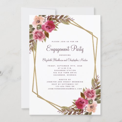 Elegant Floral Cassis Purple Gold Engagement Party Invitation
