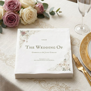 Elegant Floral Catholic Cross Wedding Party  Napkins