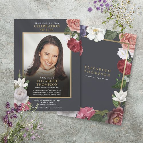 Elegant Floral Celebration of Life Funeral Photo Invitation