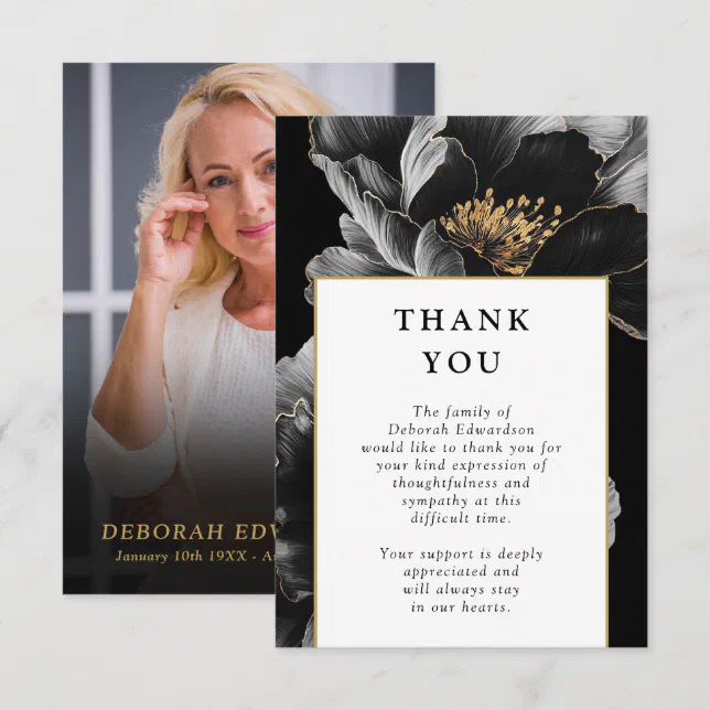 Elegant Floral Celebration Of Life Funeral Photo Thank You Card | Zazzle