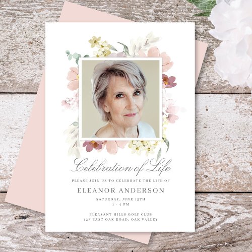 Elegant Floral Celebration of Life Memorial Photo Invitation