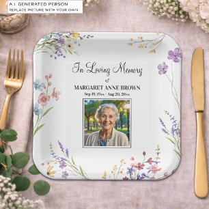 Elegant Floral Celebration Of Life Photo  Paper Plates