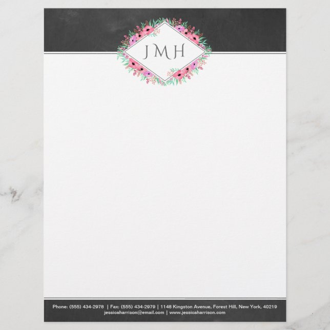Elegant Floral Chalkboard Personal Or Business Letterhead (Front)