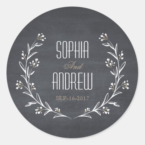 Elegant floral chalkboard rustic wedding monogram classic round sticker