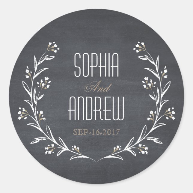 Elegant floral chalkboard rustic wedding monogram classic round sticker (Front)