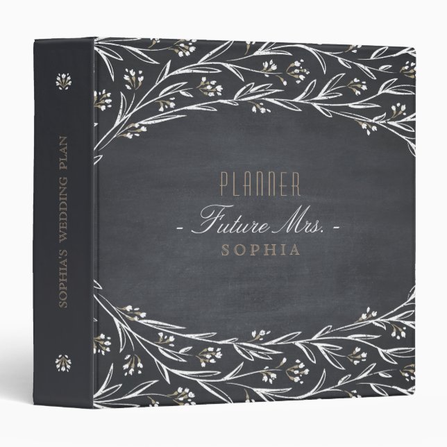 Elegant floral chalkboard rustic wedding planner binder (Front/Spine)