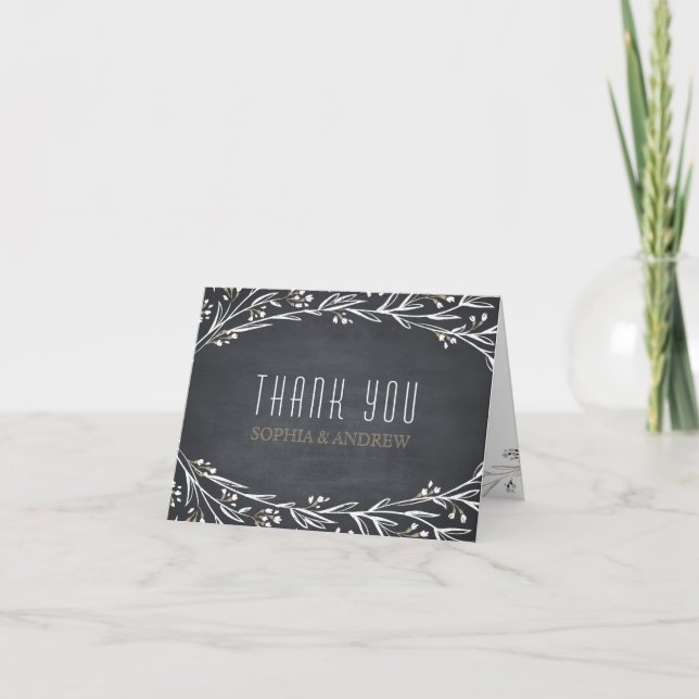 Elegant floral chalkboard rustic wedding thank you card (Front)