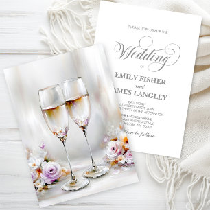 Elegant Floral Champagne Glasses Wedding Invitation