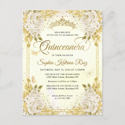 Elegant Floral Champagne Gold Tiara Quinceaera Postcard