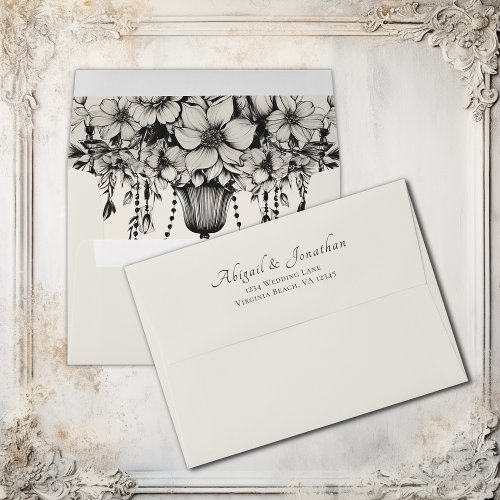 Elegant Floral Chandelier Black and White Wedding  Envelope